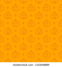 Halloween festive seamless pattern. Orange endless background with smiling cute pumpkin. Linear vector illustration