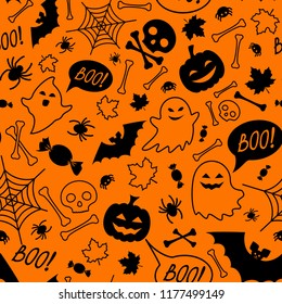 Halloween festive seamless pattern. Orange endless background with pumpkins, skulls, bats, spiders, ghosts, bones, candies, spider web and speech bubble with boo