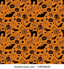 Halloween festive seamless pattern. Orange endless background with cat, pumpkins, skulls, bats, spiders, ghosts, bones, candies, spider web and speech bubble with boo