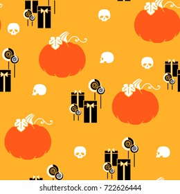 Halloween. Festive seamless pattern. Pumpkin, gift, candy, skull, on an orange background. Vector illustration.