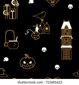 Halloween. Festive seamless pattern. Pumpkin, gifts, candy, magic potion, crow, skull, tombstone, old house. Vector illustration.