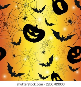 Halloween festive seamless pattern with silhouettes of pampkins, bats and spiders. Vector design for wrapping paper, fabric. Vector illustration.