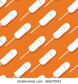 Halloween festive seamless pattern with trearts. Vector illustration with cream cakes in form of mummy. Top view on sweets on orange backdrop.