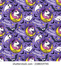 Halloween festive seamless pattern. Vector endless background with cute unicorn, ghost and bats
