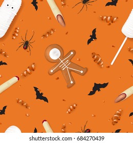 Halloween festive seamless pattern. Vector illustration with cookies in form of skeleton gingerbread man. Top view on spiders, paper bats and confetti on orange backdrop.