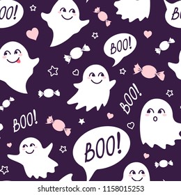 Halloween festive seamless pattern. Violet endless background with smiling cute ghosts, candies and speech bubble with boo