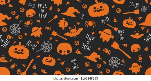 Halloween festive seamless pattern.Black endless background with a lot of halloween elements.Vector illustration.