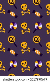 Halloween Festive Seamless Pattern.Endless Bright Background with Skulls,Bones,Candy,Sweets,Lollipops.All Saints Day Banner Skull Greeting Card.Happy Halloween.Textile Print.Spooky Vector Illustration