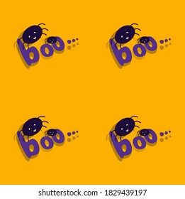 Halloween Festive Seamless Pattern.Endless Orange Bright Background with Funny Cute Spiders and Boo Text. All Saints Day Banner.Bright Greeting Card.Happy Halloween. Textile Print. Vector Illustration