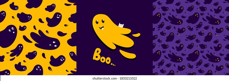 Patrón de Seamless de la Festividad de Halloween. Naranja infinita, violeta, fondo violeta morado brillante con fantasmas graciosos adorables. Pancarta del Día de Todos los Santos. Brillante tarjeta de saludo. Feliz Halloween. Impresión textil. Ilustración vectorial