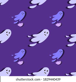 Halloween Festive Seamless Pattern.Endless Purple Bright Background with Cute Couple of Ghosts.All Saints Day Banner.Bright Greeting Card.Happy Halloween.Ghost Textile Print.Spooky Vector Illustration