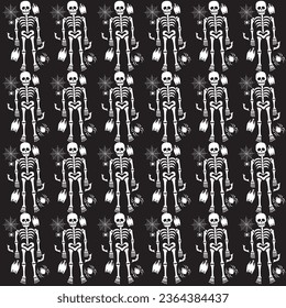 Festividades de Halloween sin fisuras con calaveras. Conjunto de silueta esquelética. Fondo infinito con murciélagos, arañas, fantasmas, huesos, caramelos y telaraña.