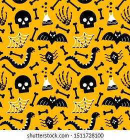 Halloween festive seamless vector pattern with skull, bat, spider, web, bones, poison and snake.