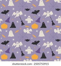 Halloween festive seamless vector pattern. Background with cute cartoon pumpkin, ghosts, bats, spiders, ghosts, candies, spider web witch’s hat, spider and broom hat