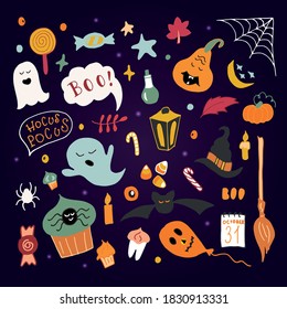 Halloween festive set of elements in doodle style: pumpkins, bats, spiders, ghosts, stars, candies, spider web and speech bubble with boo, hocus pocus. Vector colorful illustration in trendy colors