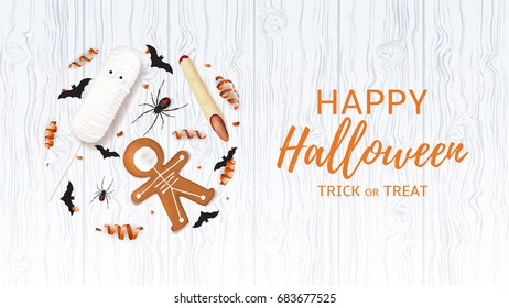 Halloween festive web banner with treats. Vector illustration with cookies in form of skeleton gingerbread man. Top view on spiders, paper bats and confetti on wooden texture.