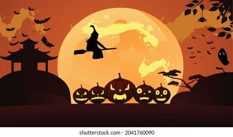 Halloween field background with pumpkins, Happy Halloween orange horror night with full Moon, illustration.