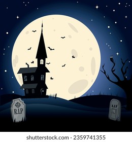 Halloween fiesta casa murcielagos ilustracion terror tumbas siniestro Vector illustration. Full moon, bat, Happy House , old house tombs