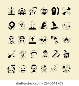 Halloween Fill Vector Icon Set – Thin Glyph Style Symbols of Ghosts, Pumpkins, Witches, Bats, Skulls, Spiders, and Creepy Elements for Festive Holiday, Web, Print, and Party Design Projects