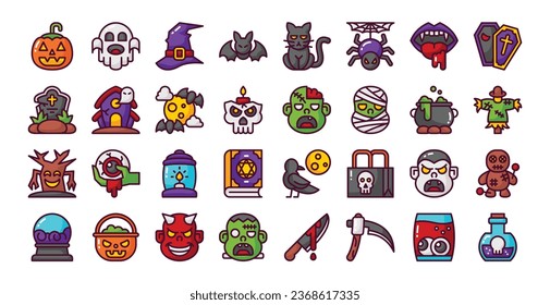 Halloween filled line icon set. Perfect for graphic design, mobile, UI, and web masterpieces