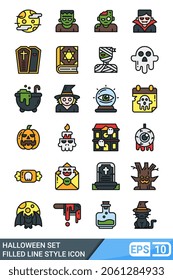 Halloween filled line style icon set. vector illustration isolated on white background. EPS 10
