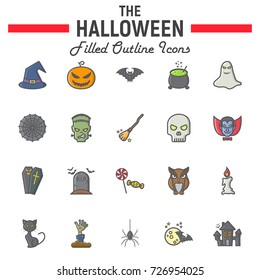 Halloween filled outline icon set, scary symbols collection, horror holiday vector sketches, logo illustrations, party signs colorful line pictograms package isolated on white background, eps 10.