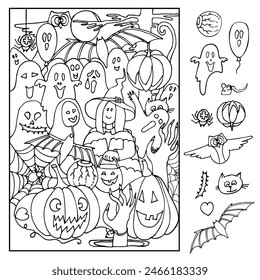 Halloween. Find and color hidden objects in the picture. Witches, ghosts, bats, spiders, pumpkins on a night of celebration. Coloring page. Hand drawn vector illustration