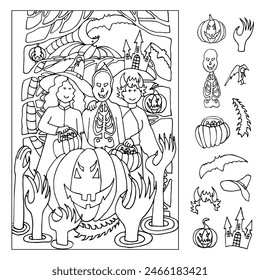 Halloween. Find and color hidden objects in the picture. Witch, bats, hands, castle, moon, snake, pumpkins on a night of celebration. Trick or treat. Coloring page. Hand drawn vector illustration