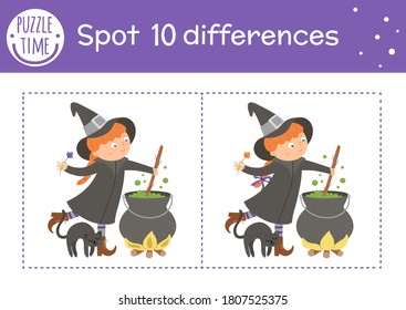 Halloween find differences game for children. Autumn educational activity with funny witch, cauldron and black cat. Printable worksheet with smiling character. Cute all saints day scene
