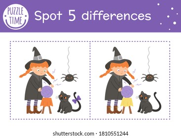 Halloween find differences game for children. Autumn educational activity with funny witch, spider and black cat. Printable worksheet with smiling character. Cute all saints day scene
