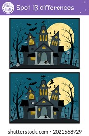 Halloween find differences game for children. Autumn educational activity with funny haunted house. Printable worksheet with spooky cottage. Cute all saints day scene
