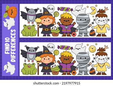 Halloween find differences game for children. Attention skills activity with cute witch, vampire, mummy, bat, frog. Puzzle for kids with funny characters. Printable what is different worksheet
