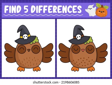 Halloween find differences game for children. Attention skills activity with cute owl. Puzzle for kids with funny character. Printable what is different worksheet
