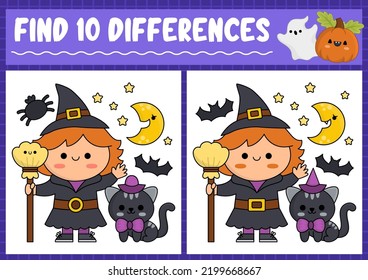 Halloween find differences game for children. Attention skills activity with cute witch, black cat, moon and broom. Puzzle for kids with funny characters. Printable what is different worksheet
