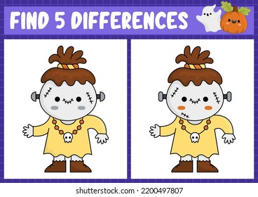 Halloween find differences game for children. Attention skills activity with cute voodoo or Frankenstein monster. Puzzle for kids with funny characters. Printable what is different worksheet
