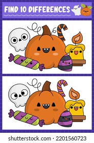 Halloween find differences game for children. Attention skills activity with cute pumpkin, sweets, skull and candle. Puzzle for kids with funny characters. Printable what is different worksheet
