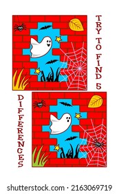 Halloween find differences visual puzzle or picture riddle with spooky little ghost in tne night, red brick wall ruin, spider, bats. 
