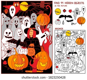 Halloween. Find the hidden objects in the picture. Witches, ghosts, bats, spiders, pumpkins on the night of the festival. Hand drawn vector illustration