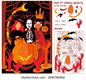 Halloween. Find hidden objects in the picture. Witch, bats, hands, castle, snake, pumpkins on a night of celebration. Trick or treat. Hand drawn vector illustration