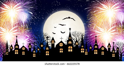 Halloween fireworks church background