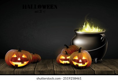 Halloween . Five glowing pumpkins and a pot on a wooden table. High detailed realistic illustration.