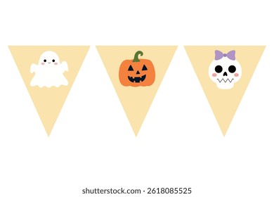 Halloween flags with cute skull, pumpkins, and cute ghost. Halloween flags for party decoration. DIY Halloween flag banner. Halloween bunting kawaii character flags cut out. 