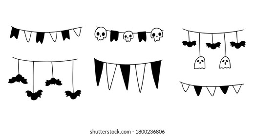 Halloween flags drawn by hand on white background. Vector doodle illustrations of different spooky decorations banners with skulls and bats.