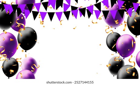 Halloween flags garland, confetti and realistic helium balloons frame background. fair event