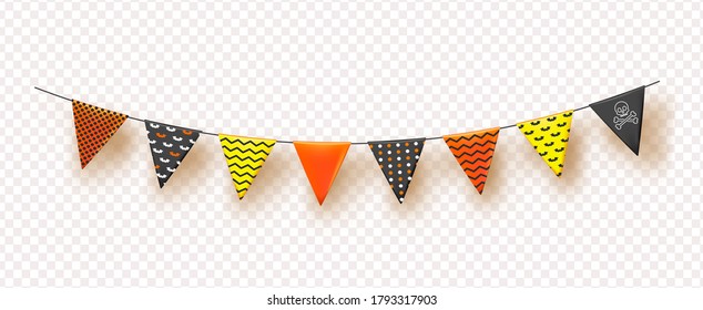 Halloween Flags Garlands with orange,yellow and black isolated on transparent background.Vector illustration.