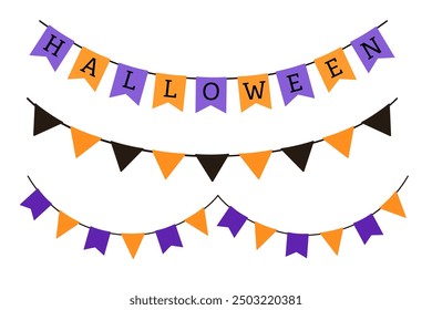 Halloween flags set. Vector pennant with letters isolated on white background. Hanging fall party garland.