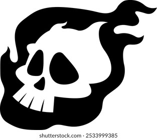 Halloween Flaming Skull Black Silhouette. Vector Hand Drawn Illustration Isolated On Transparent Background