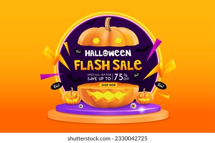 Halloween flash sale 75% off inside orange half pumpkin and thunder on podium. Pumpkins ghost and black bat silhouette. Banner shopping template design for social media promotion. 3D Vector.