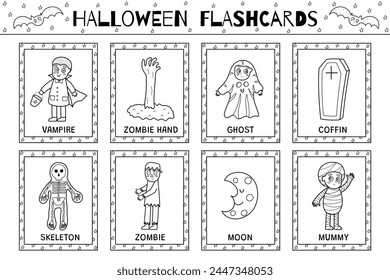 Halloween flashcards black and white collection for kids. Flash cards set in outline  with cute spooky characters for school and preschool. Learning to read activity for children. Vector illustration