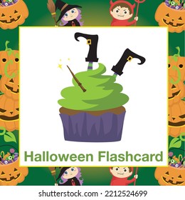 Halloween Flashcards for Children. Ready to print. Printable game card. Educational card for preschool. Vector illustration. Halloween items flashcards for toddlers